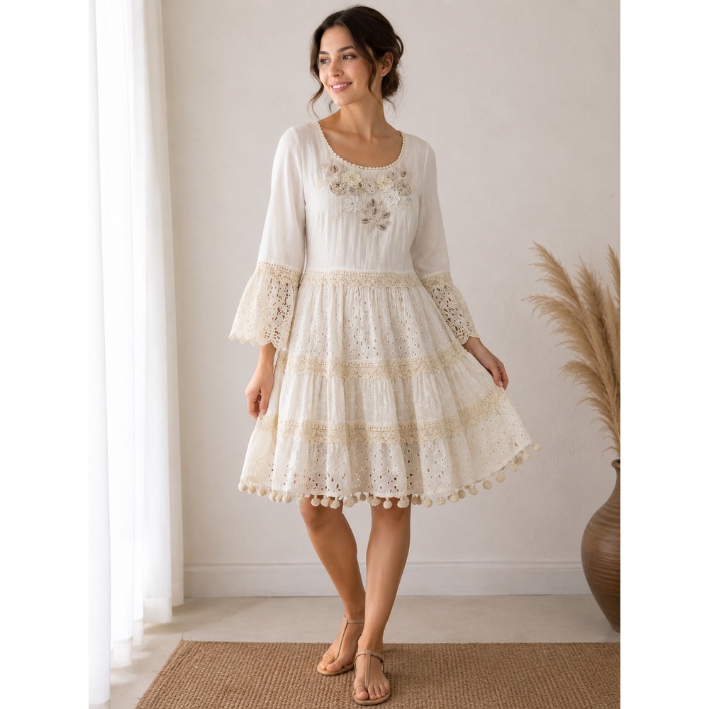 ANISA White Cotton Boho Mini Dress Crochet Floral Shells Eyelet Lace S/M Spain